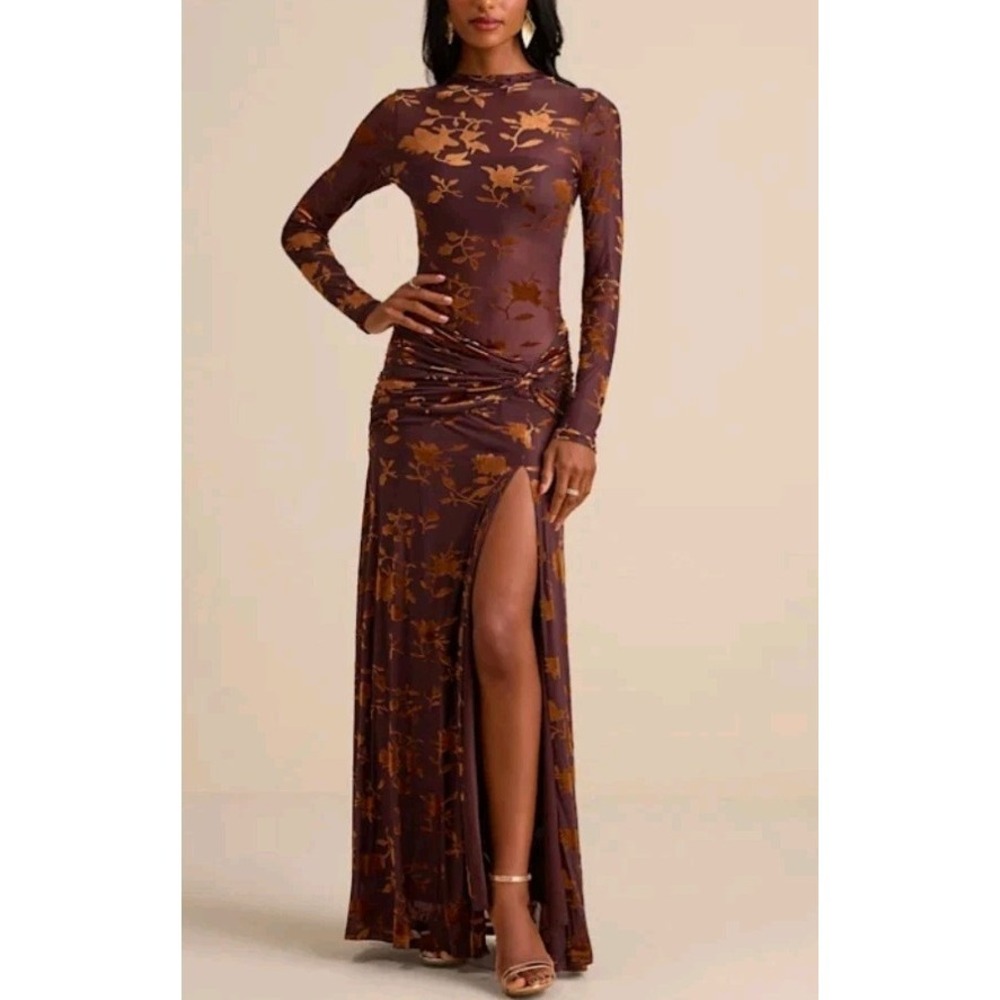 NWT Lulus Charlize Brown Mesh Sheer Velvet Burnout Maxi Dress Womens Small Event